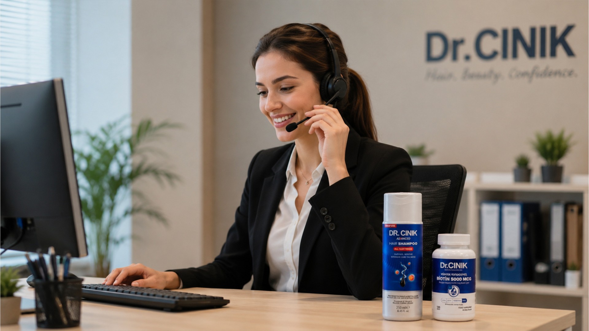 A Core Sağlık support specialist on a headset call at a Dr. Cinik desk, with the Advanced hair shampoo and biotin supplement alongside.
